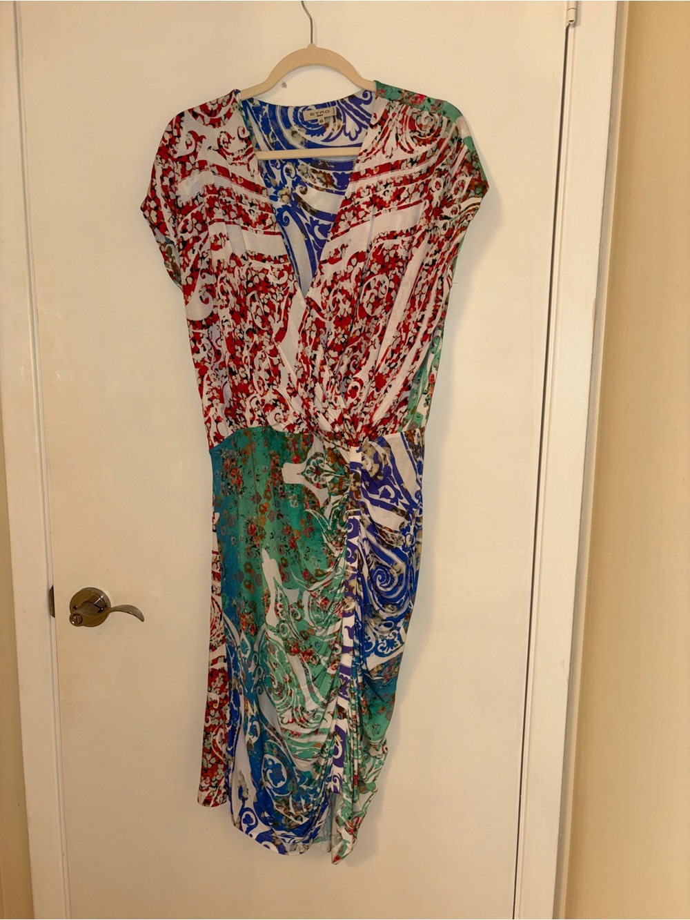 Etro Multi-Print V-Neck Midi Dress in Red, Blue & Green